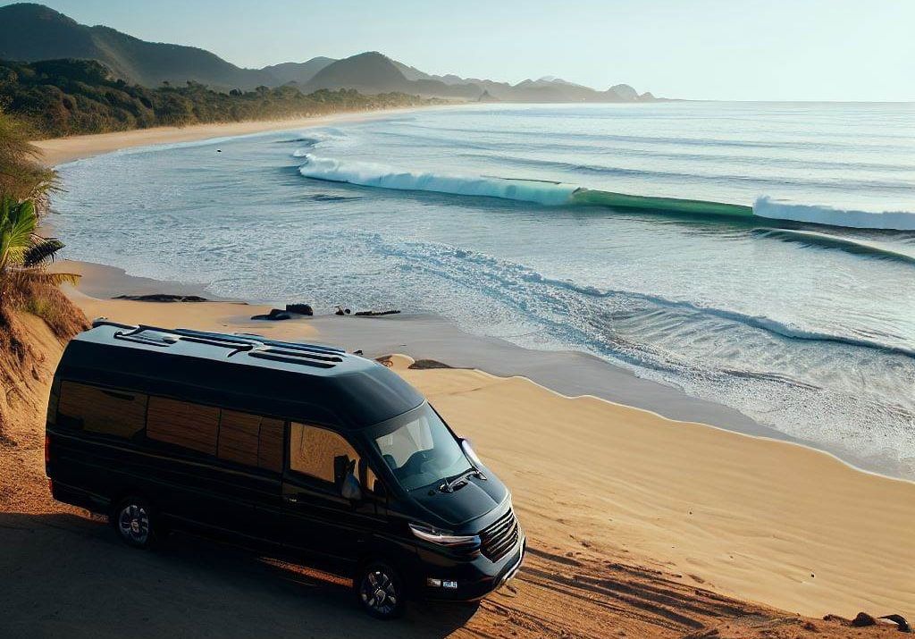 A private van parked on a Oaxacan beach