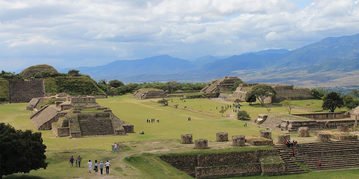 The Main Plaza of Monte Albán with the mountains of the Oaxaca valley behind